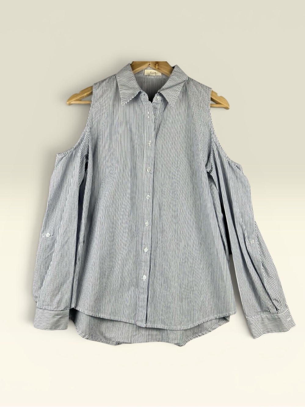 E&M Women's Cold-Shoulder Striped Button-Down Blouse - Blue/White Medium